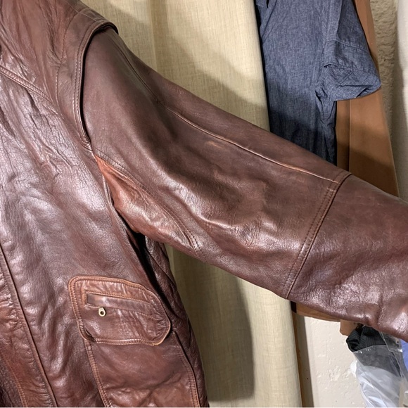 Aquascutum London Vintage Brown Leather Coat Sz 44 XL Oversize Aviator Collar - Picture 7 of 16